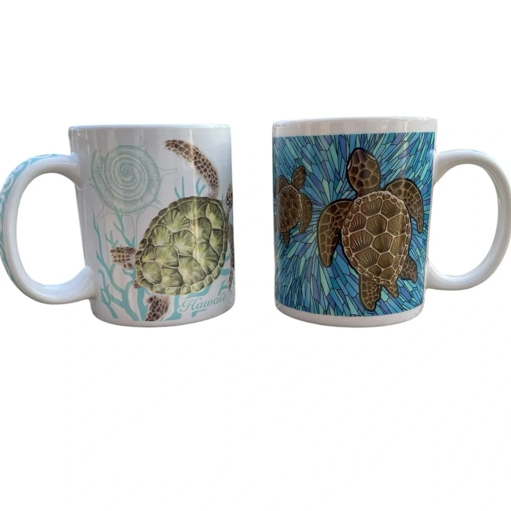 Sea Turtle Ceramic 12 oz Coffee Mugs Mismatched pair
